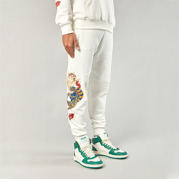 GOLD DRAGON EMBROIDERY JOGGERS - OFF WHITE